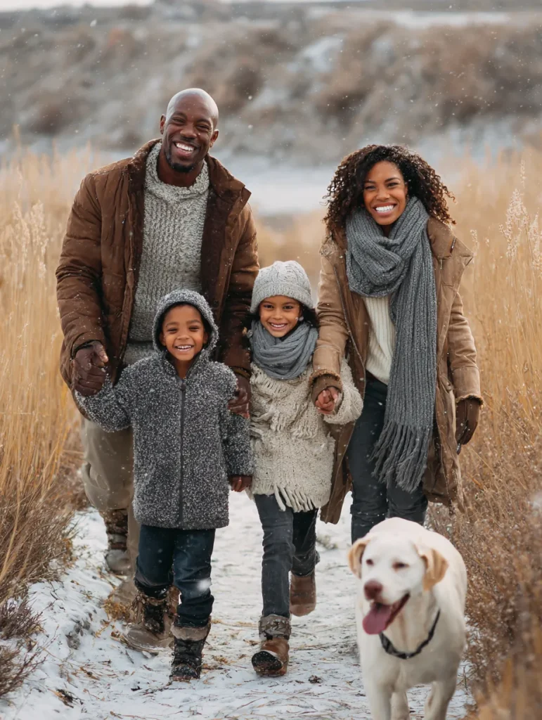 a family on a Winter nature walk with their dog